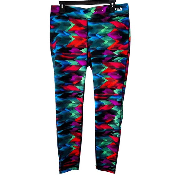 Fila Sport Running Leggings size L Multi Color Ikat Design Blue Green Pink Red - Picture 1 of 5